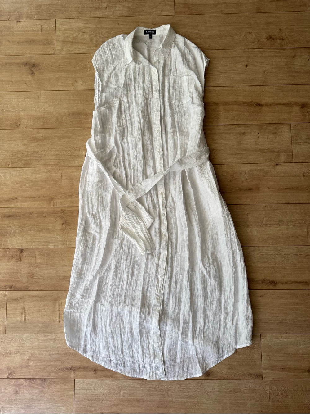 Express Portofino White Satin Maxi Shirt Dress Sleeveless Belted Coastal